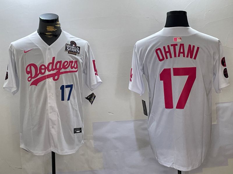 Men Los Angeles Dodgers #17 Ohtani White pink joint name 2024 Nike MLB Jersey style 10273